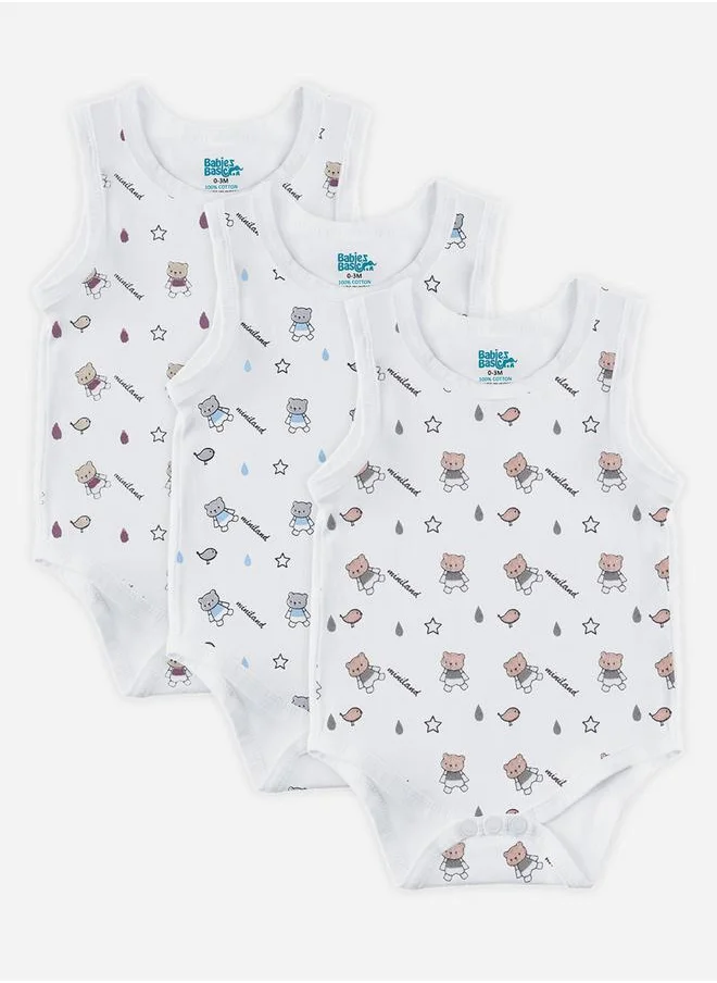 Babies Basic Pack of 3 - Printed Combed Cotton Sleeveless Bodysuit