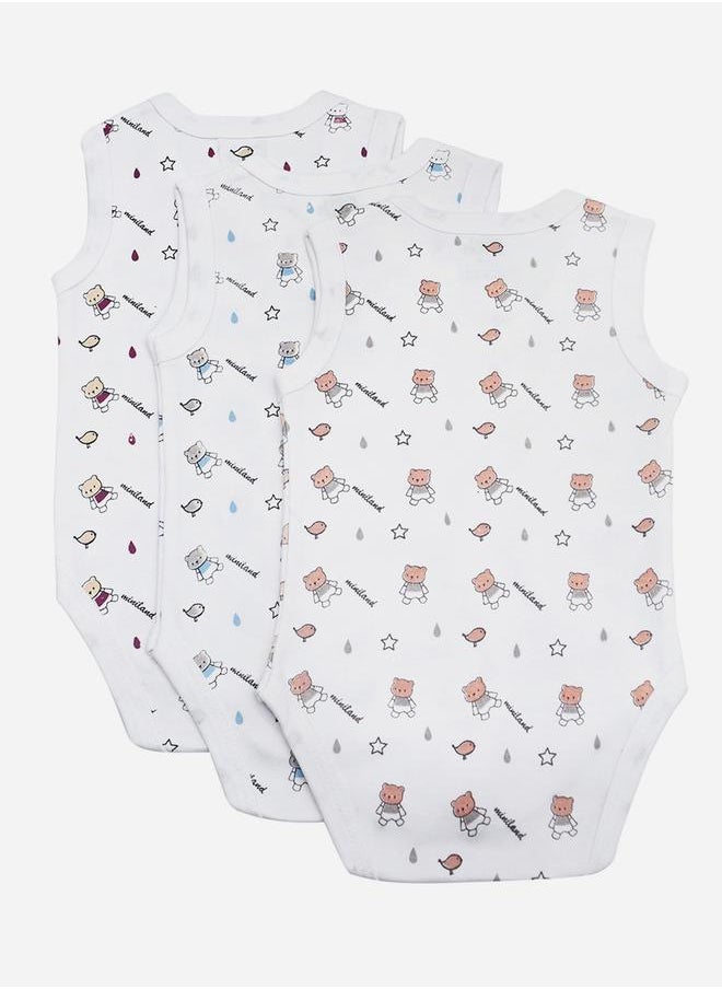Babies Basic Pack of 3 - Printed Combed Cotton Sleeveless Bodysuit  - Image 2