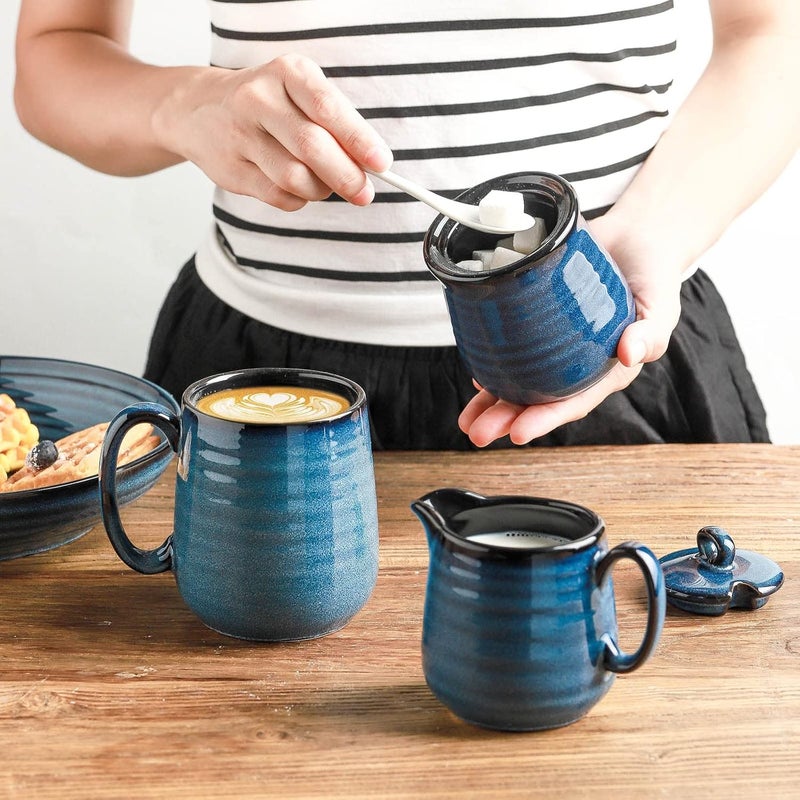 Hasense Porcelain Sugar and Creamer Set,11 Ounce Sugar Bowl with Lid and Spoon,10 Ounce Cream Pitcher,Farmhouse Coffee Sets for Serving,Dishwasher Safe(Blue) - Image 2