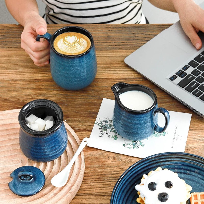 Hasense Porcelain Sugar and Creamer Set,11 Ounce Sugar Bowl with Lid and Spoon,10 Ounce Cream Pitcher,Farmhouse Coffee Sets for Serving,Dishwasher Safe(Blue) - Image 3