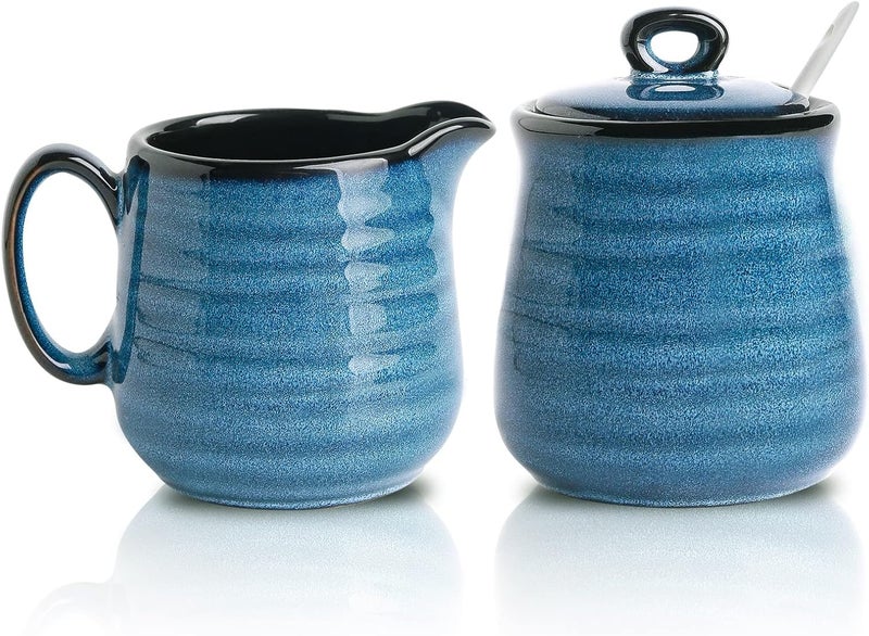 Hasense Porcelain Sugar and Creamer Set,11 Ounce Sugar Bowl with Lid and Spoon,10 Ounce Cream Pitcher,Farmhouse Coffee Sets for Serving,Dishwasher Safe(Blue) - Image 1