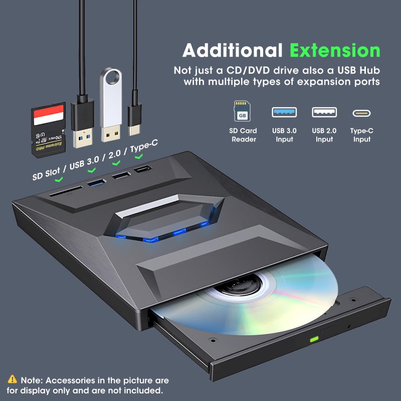 ROOFULL External CD DVD Drive with USB 3.0 Type-C Ports + SD Card Slot + Carrying Case for Laptop PC, CD DVD +/-RW Reader Writer Burner Player ROM Optical Disk Drive for Windows, Mac, Linux Computers - Image 4