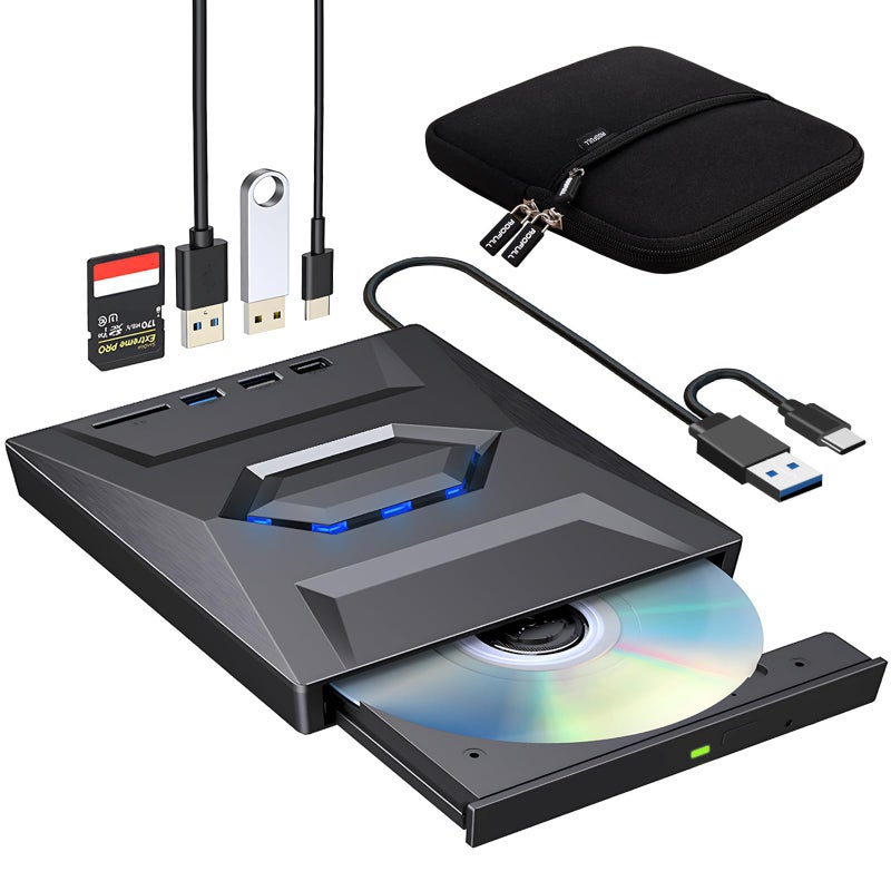 ROOFULL External CD DVD Drive with USB 3.0 Type-C Ports + SD Card Slot + Carrying Case for Laptop PC, CD DVD +/-RW Reader Writer Burner Player ROM Optical Disk Drive for Windows, Mac, Linux Computers - Image 1