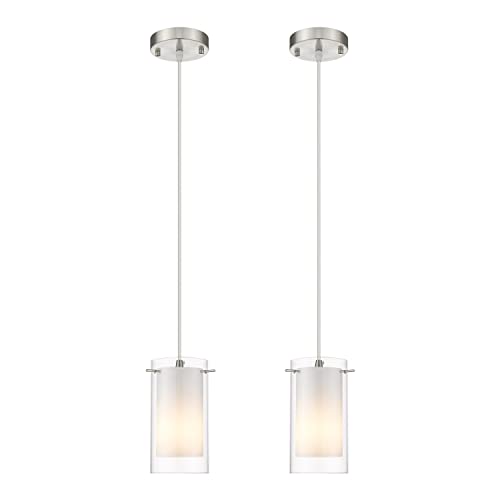 AKEZON Modern Glass Pendant Light 2 Pack, Adjustable Hanging Pendant Lighting Kitchen Lights Island Dining Room Bathroom Bar, Brushed Nickel Finish - Image 1