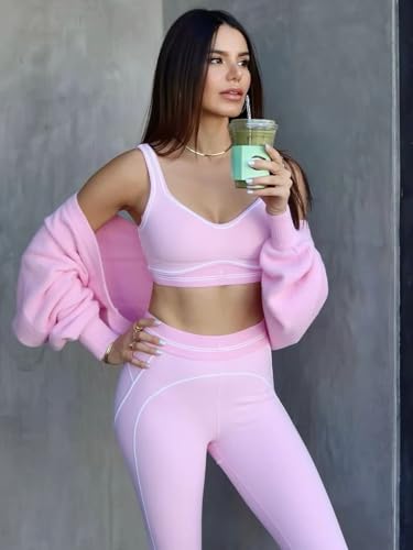 ABOCIW 2 Piece Workout Sets for Women Contouring Contrast Stitching U Back Sports Bra High Waist Leggings Yoga Pilates Outfits Athletic Gym Sets Activewear Pink Small - Image 3