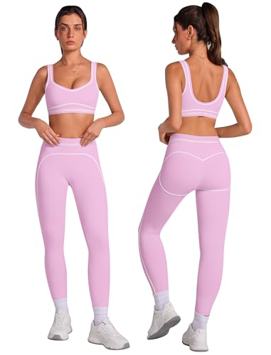 ABOCIW 2 Piece Workout Sets for Women Contouring Contrast Stitching U Back Sports Bra High Waist Leggings Yoga Pilates Outfits Athletic Gym Sets Activewear Pink Small - Image 1