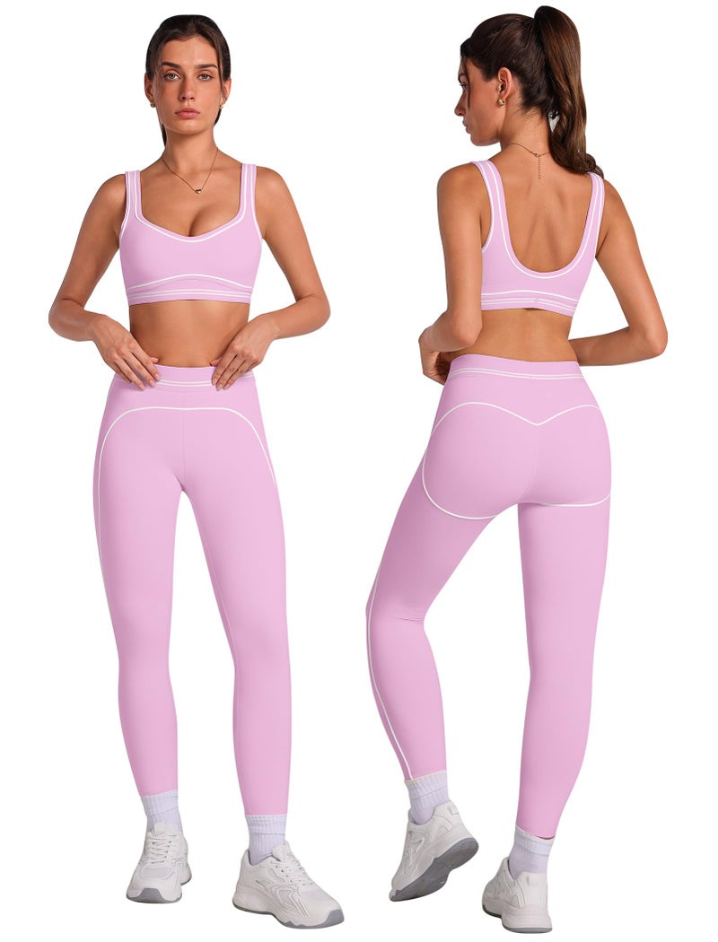 ABOCIW 2 Piece Workout Sets for Women Contouring Contrast Stitching U Back Sports Bra High Waist Leggings Yoga Pilates Outfits Athletic Gym Sets Activewear Pink Small - Image 2