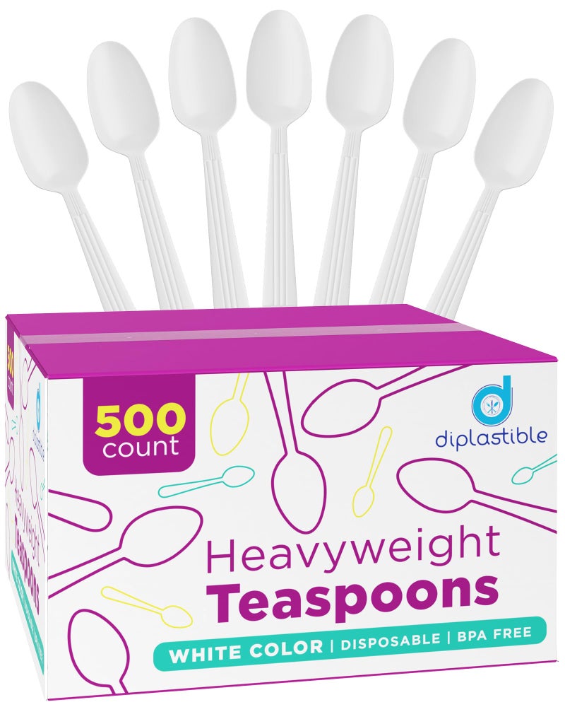 Diplastible 500 Count  Heavyweight Disposable White Plastic Tea Spoons  Dessert Spoons Plastic  Great for Celebrations Parties Travels Events and Everyday Use 