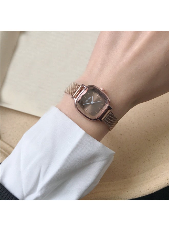 سيستار ساعة كوارتز نسائية راقية - قرص مربع صغير بسيط (ذهبي وردي، وجه قهوة) مع علبة ساعة مربعة سوداء - Image 1