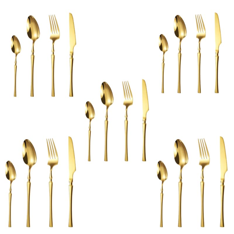 VIKIJO Set of 20 Golden Cutlery Set Reusable Spoon Set Premium Stainless Steel Cutlery Set Portable Tableware Men Women Office Home School KidsSet of 20 5 Spoon 5 Fork 5 Knife 5 TeaSpoon
