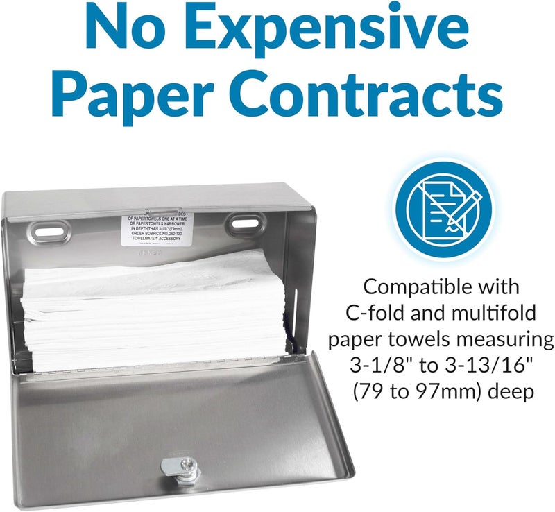 Bobrick Wall-Mounted Paper Towel Dispenser – Stainless Steel, Holds 200 C-Fold or 275 Multifold Towels, Easy Manual Access, ADA Compliant, Ideal for Commercial Bathrooms & High-Traffic Areas (Model B-2621) - Image 3