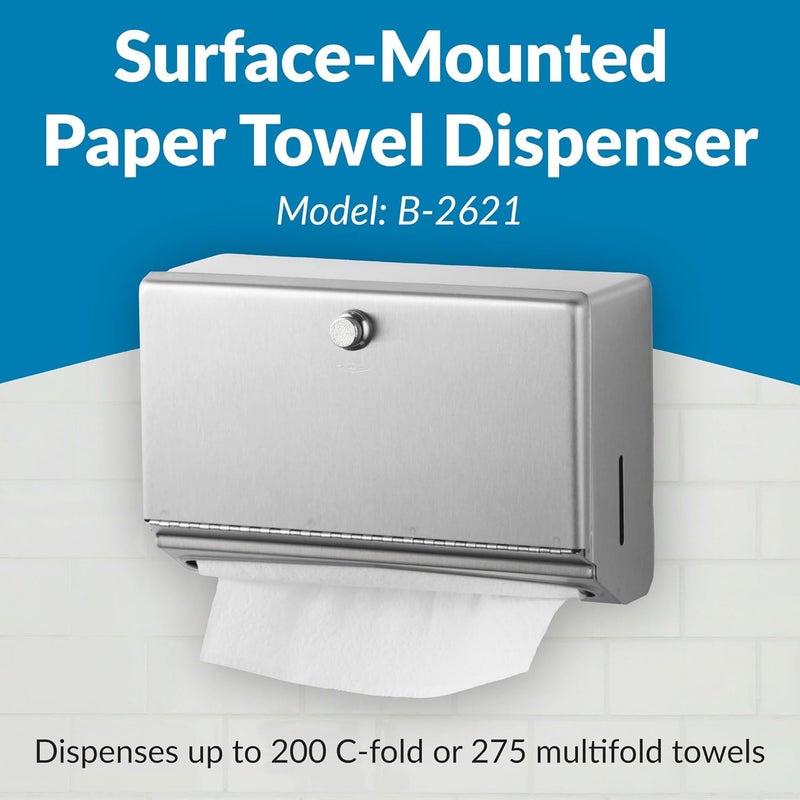 Bobrick Wall-Mounted Paper Towel Dispenser – Stainless Steel, Holds 200 C-Fold or 275 Multifold Towels, Easy Manual Access, ADA Compliant, Ideal for Commercial Bathrooms & High-Traffic Areas (Model B-2621) - Image 2