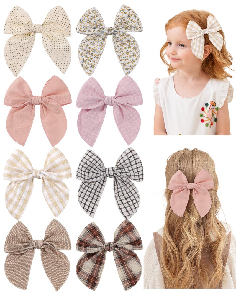 doboi 8PCS Baby Girls Hair Clips Fable Hair Bows Cotton Linen Bows for Girls Hair Accessories for Baby Girl Toddlers Kids-Grid - Image 1