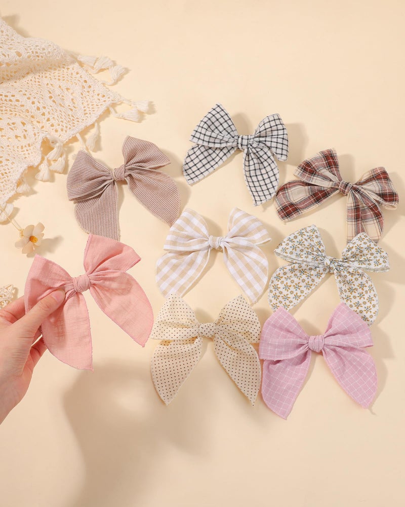doboi 8PCS Baby Girls Hair Clips Fable Hair Bows Cotton Linen Bows for Girls Hair Accessories for Baby Girl Toddlers Kids-Grid - Image 5