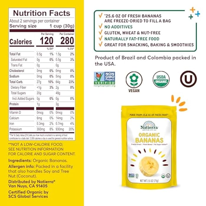 NATIERRA Organic Freeze-Dried Bananas USDA Certified Organic, Vegan & Non-GMO 2.5 Ounce (Pack of 1) - Image 2
