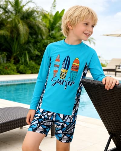 Ghteas Kids Long Sleeve Sunsuit Swimwear Boys Two Piece Rash Guard Sets Surfboard Print Pattern Water Sports Beach Swim Suit Holiday Essentials Pool Boys Swim Set Size 12 - Image 2