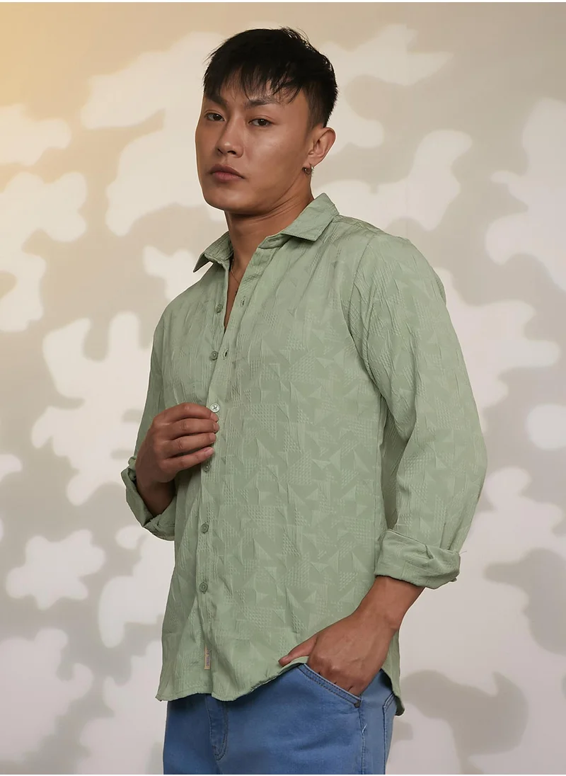 Campus Sutra Men's Sage Green Geometric-Texture Shirt