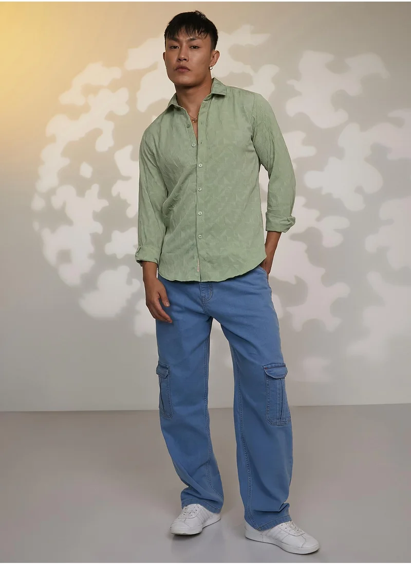 Campus Sutra Men's Sage Green Geometric-Texture Shirt