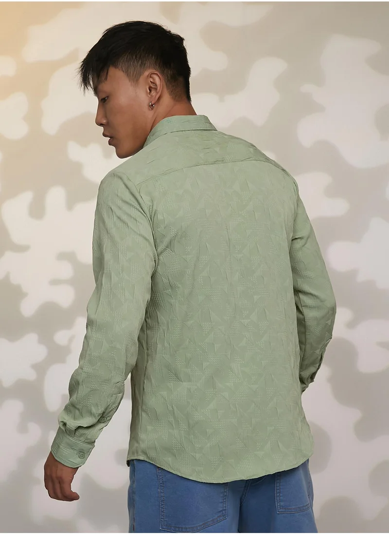 Campus Sutra Men's Sage Green Geometric-Texture Shirt