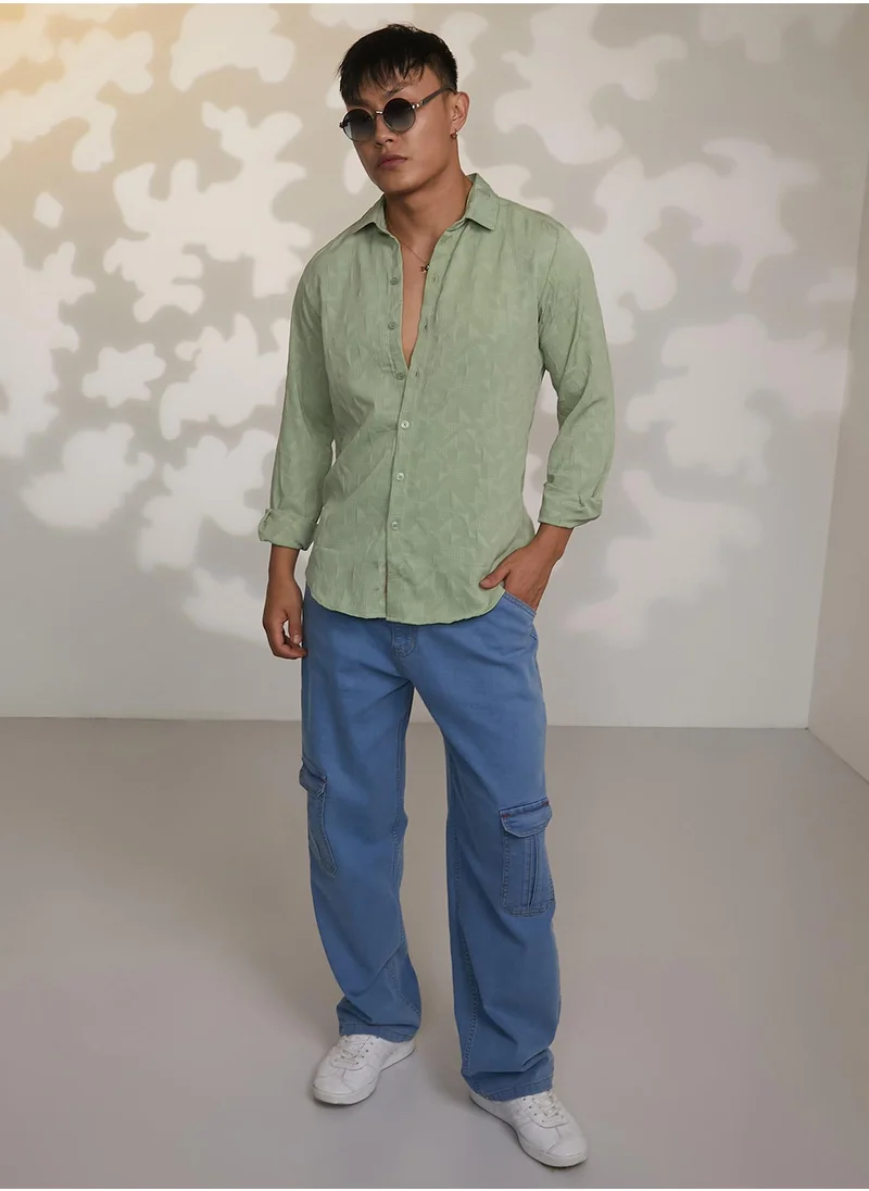 Campus Sutra Men's Sage Green Geometric-Texture Shirt