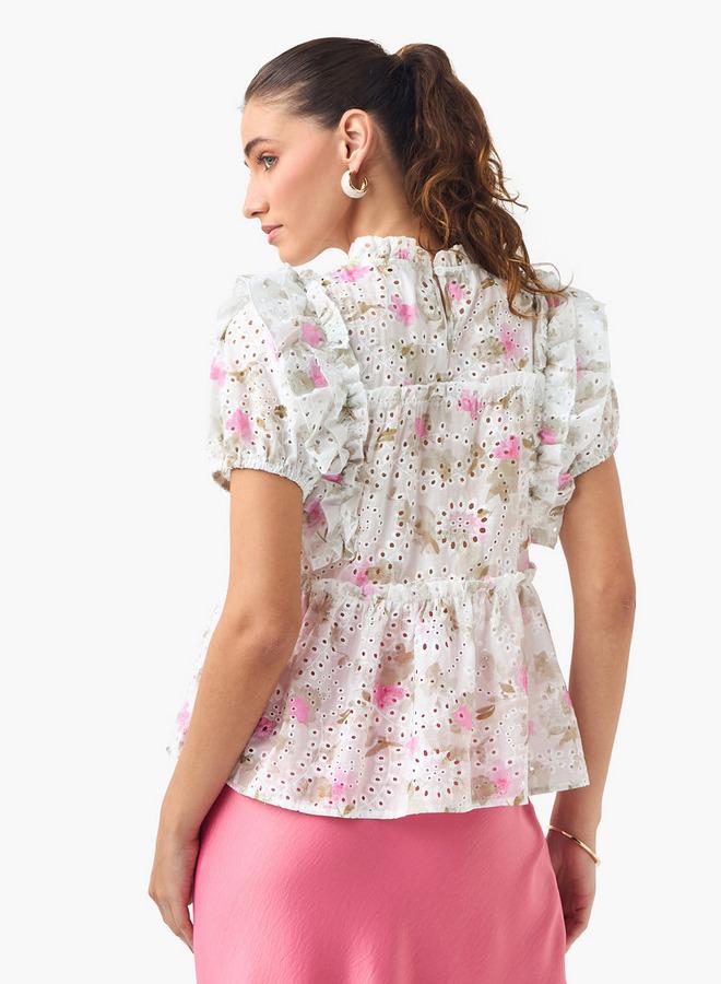 2Xtremz Floral Print High Neck Peplum Top with Ruffles - Image 3