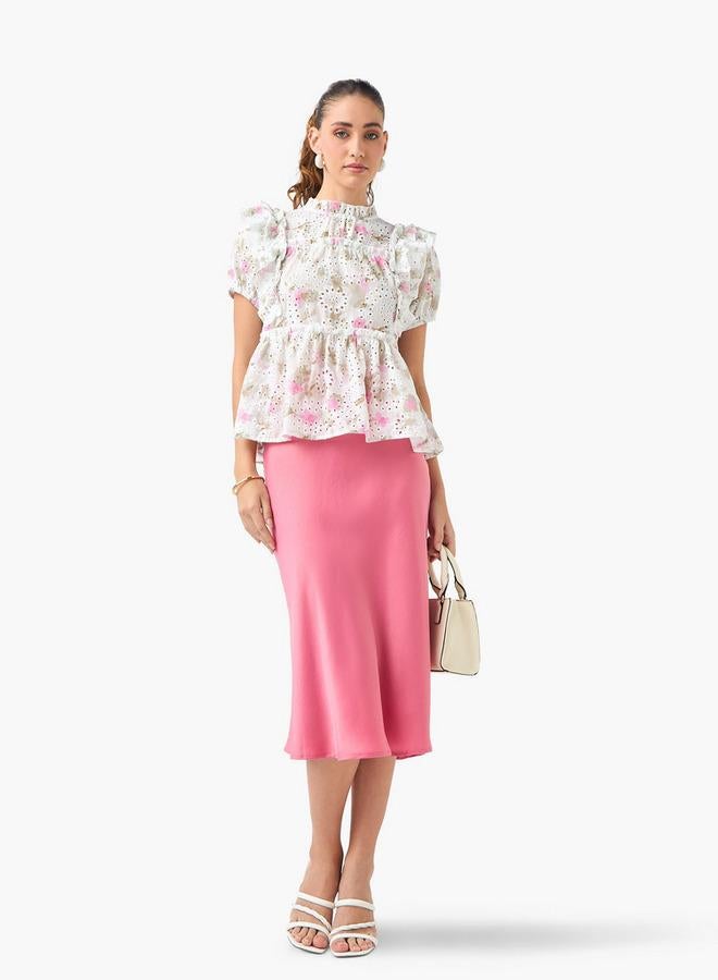 2Xtremz Floral Print High Neck Peplum Top with Ruffles - Image 2