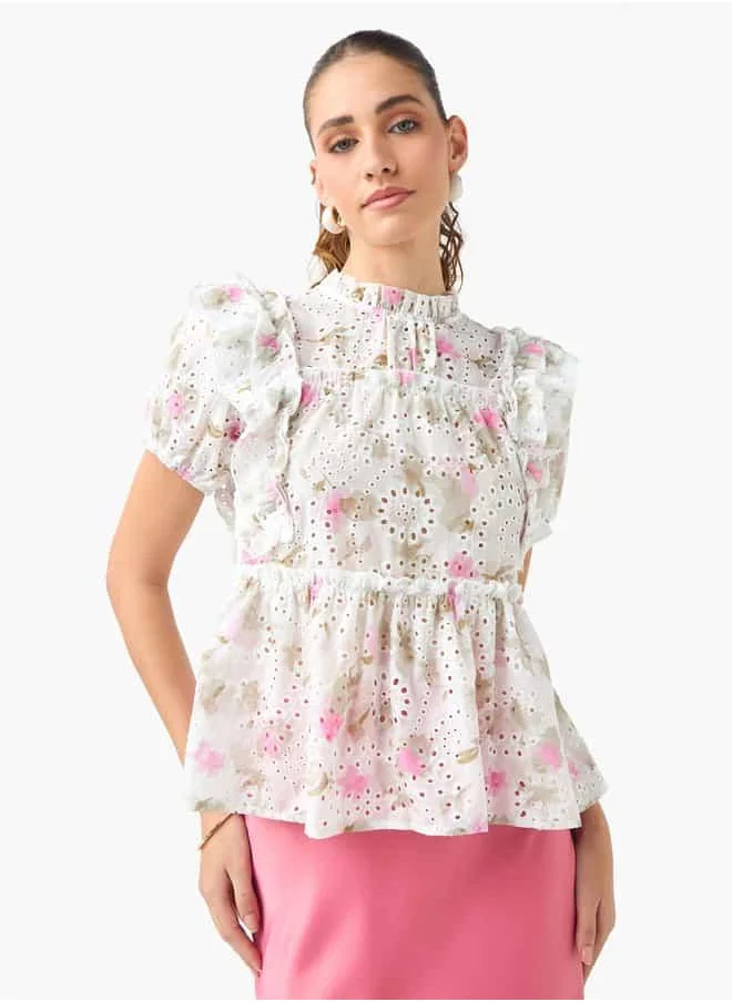 تواكستريمز 2Xtremz Floral Print High Neck Peplum Top with Ruffles