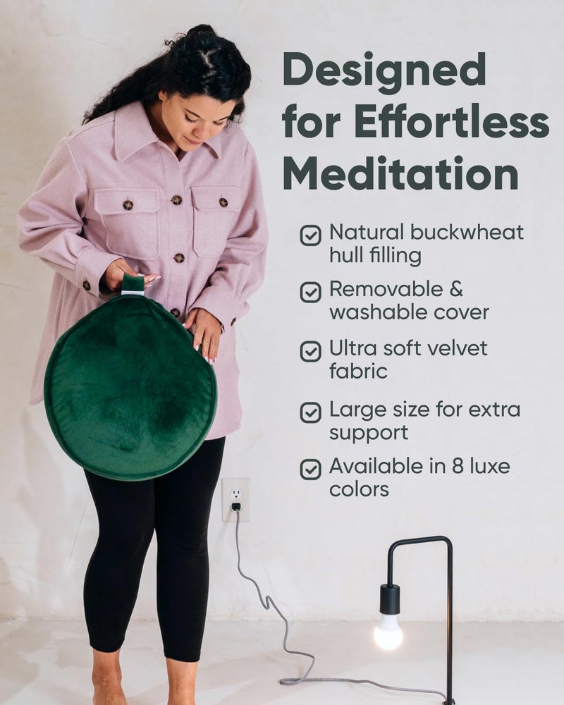 Mindful Modern Mindful & Modern Velvet Meditation Cushion | Luxe Zafu Yoga Floor Pillow Seat | Posture Support | Buckwheat Hull Filled | Large Round Cushion with Removable Washable Cover + Carry Handle | Color Green - Image 4