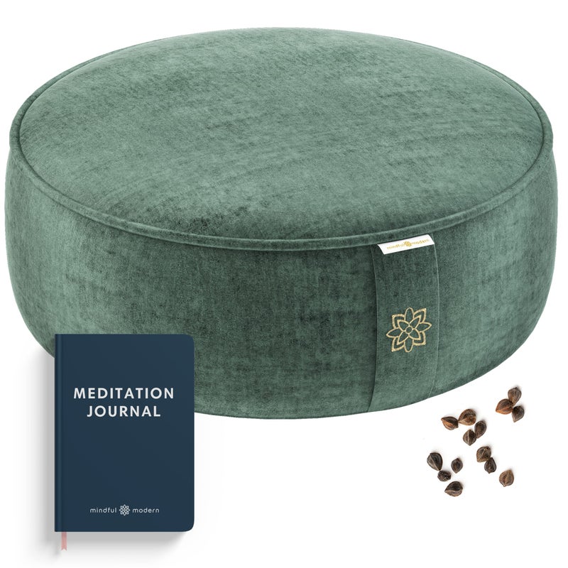 Mindful Modern Mindful & Modern Velvet Meditation Cushion | Luxe Zafu Yoga Floor Pillow Seat | Posture Support | Buckwheat Hull Filled | Large Round Cushion with Removable Washable Cover + Carry Handle | Color Green - Image 1