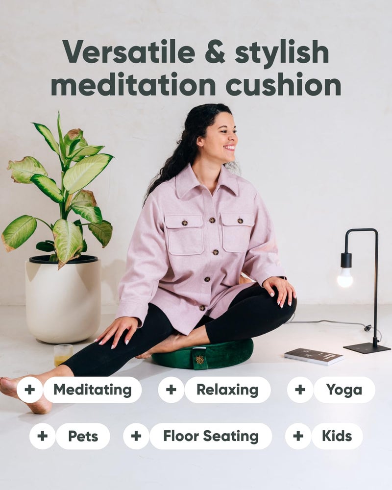 Mindful Modern Mindful & Modern Velvet Meditation Cushion | Luxe Zafu Yoga Floor Pillow Seat | Posture Support | Buckwheat Hull Filled | Large Round Cushion with Removable Washable Cover + Carry Handle | Color Green - Image 5