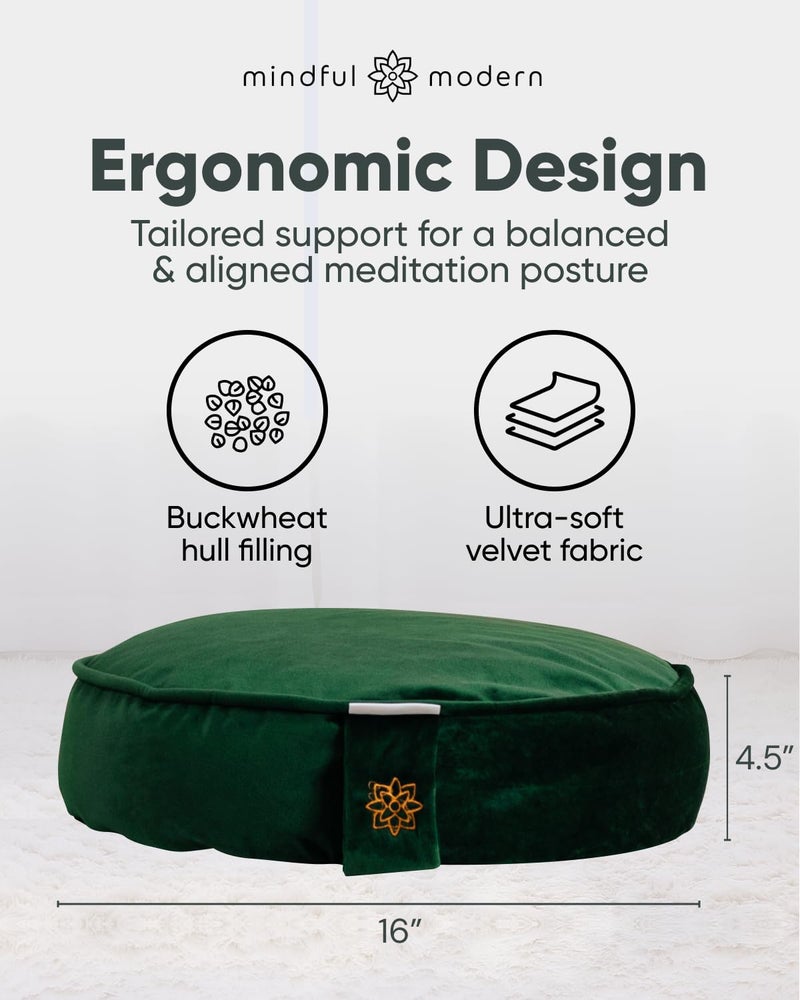 Mindful Modern Mindful & Modern Velvet Meditation Cushion | Luxe Zafu Yoga Floor Pillow Seat | Posture Support | Buckwheat Hull Filled | Large Round Cushion with Removable Washable Cover + Carry Handle | Color Green - Image 3