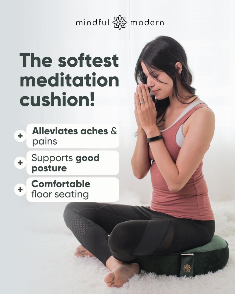 Mindful Modern Mindful & Modern Velvet Meditation Cushion | Luxe Zafu Yoga Floor Pillow Seat | Posture Support | Buckwheat Hull Filled | Large Round Cushion with Removable Washable Cover + Carry Handle | Color Green - Image 2