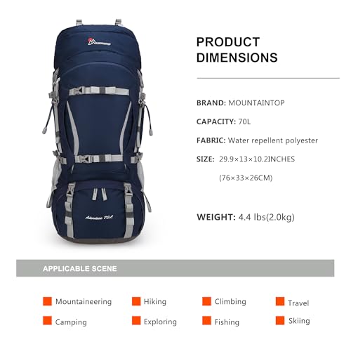 MOUNTAINTOP 70L Internal Frame Backpack Camping Backpacking Hiking Backpack for Men Women with Rain Cover,Sapphire Blue - Image 3
