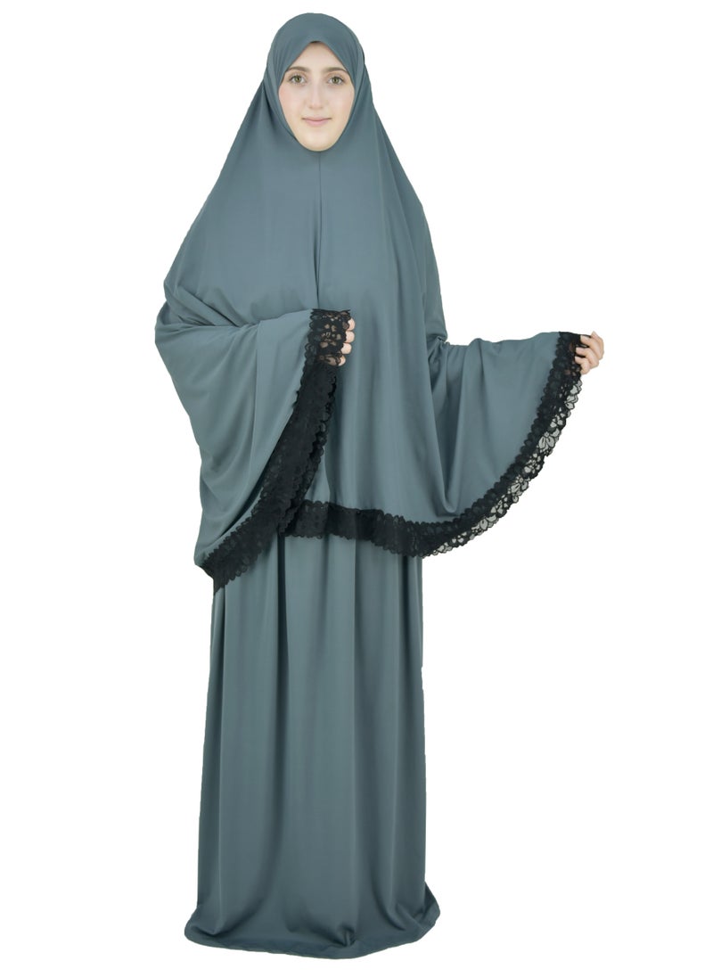 DAMAS COLLECTION - Two Piece Islamic prayer dress women with Lace ,Prayer Clothes for Muslim Women, Prayer Abaya For women, Jilbab 2 piece, Umrah essentials,Prayer Hijab and Khimar - Image 1