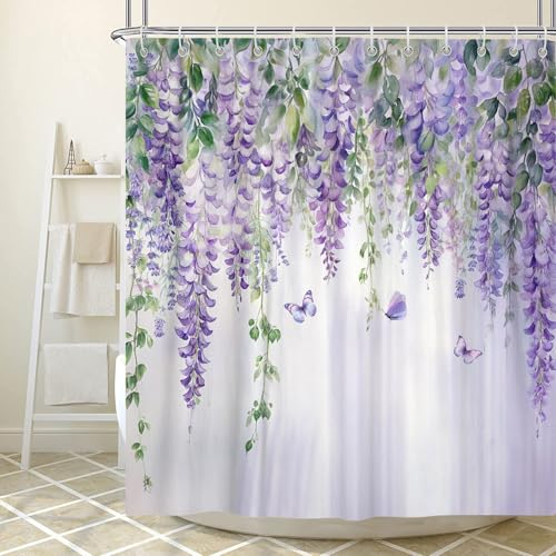 VEIGIKE Purple Lavender Floral Butterfly Shower Curtain, Spring Purple Lilac Flower Leaves Fabric Shower Curtains Set for Girl Bathroom Decorative, Watercolor Restroom Decor Accessories with Hooks 72X72 Inch - Image 1