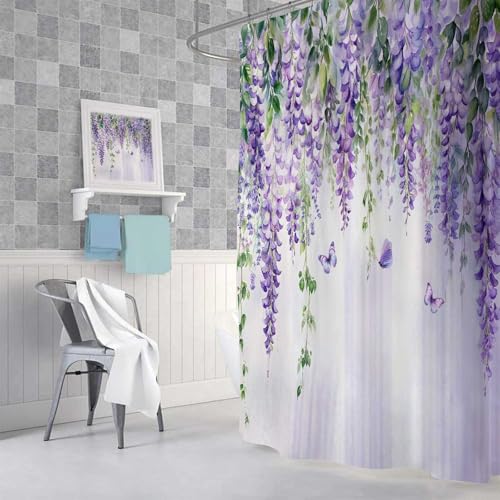 VEIGIKE Purple Lavender Floral Butterfly Shower Curtain, Spring Purple Lilac Flower Leaves Fabric Shower Curtains Set for Girl Bathroom Decorative, Watercolor Restroom Decor Accessories with Hooks 72X72 Inch - Image 4