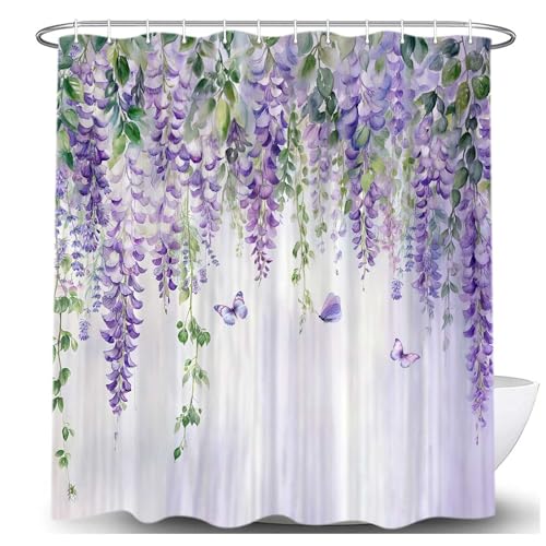 VEIGIKE Purple Lavender Floral Butterfly Shower Curtain, Spring Purple Lilac Flower Leaves Fabric Shower Curtains Set for Girl Bathroom Decorative, Watercolor Restroom Decor Accessories with Hooks 72X72 Inch - Image 3