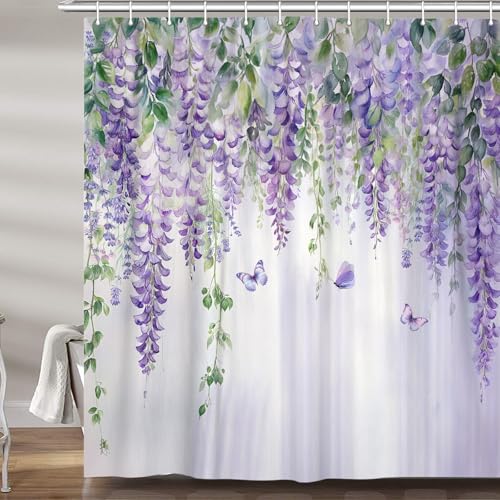 VEIGIKE Purple Lavender Floral Butterfly Shower Curtain, Spring Purple Lilac Flower Leaves Fabric Shower Curtains Set for Girl Bathroom Decorative, Watercolor Restroom Decor Accessories with Hooks 72X72 Inch - Image 2
