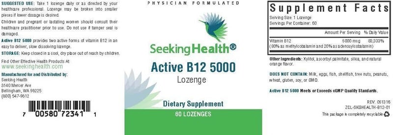 Seeking Health Active B12 5000 5000 mcg B12 as Adenosylcobalamin and Methylcobalamin Potent Formula Supports Healthy Metabolism Methylation Cognitive Health Vegan and Vegetarian 60 lozenges - Image 3