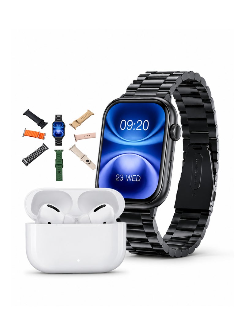 WISME X15 Smart Watch with Earbuds, Bluetooth Calling, 7 Straps, Full Touch Screen, Black - Image 1