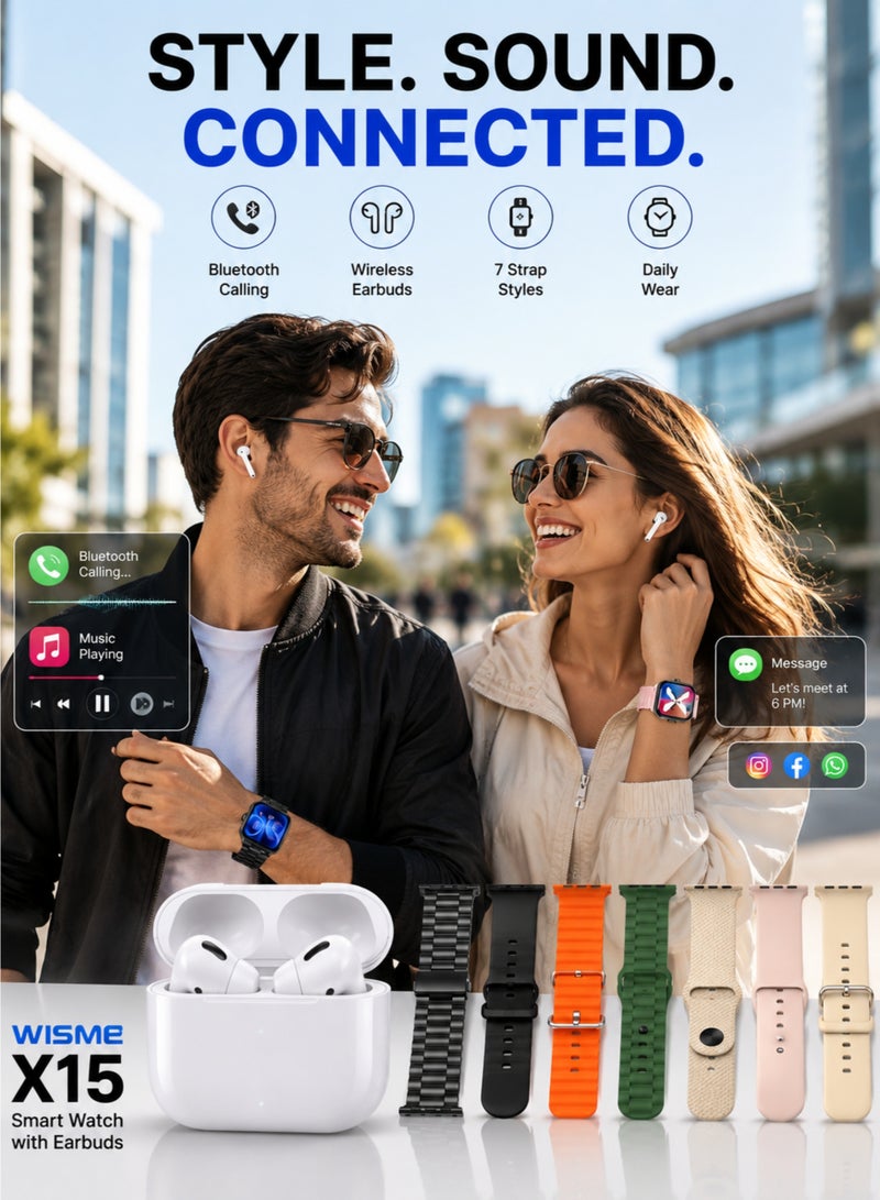 WISME X15 Smart Watch with Earbuds, Bluetooth Calling, 7 Straps, Full Touch Screen, Black - Image 4