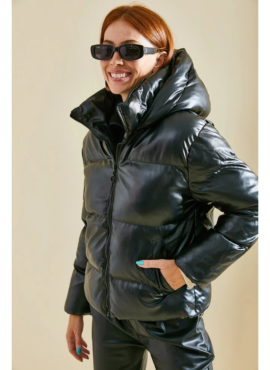 Lithe Hooded Collar Leather Coat