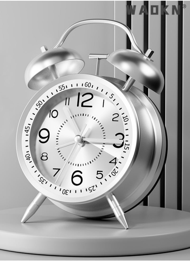 WAOKN Loud Alarm Clock for Heavy Sleepers Adults,Retro 4 Inch Silent Non-Ticking Quartz with Backlight,Twin Bell Analog Kids Alarm Clocks for Bedrooms Bedsidet,Loud Alarm Clock for Heavy Sleepers (silver)  - Image 1