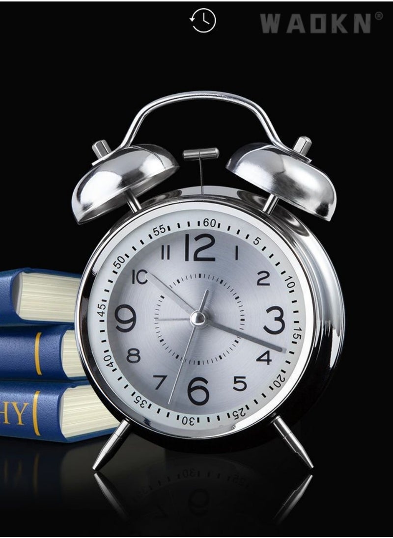 WAOKN Loud Alarm Clock for Heavy Sleepers Adults,Retro 4 Inch Silent Non-Ticking Quartz with Backlight,Twin Bell Analog Kids Alarm Clocks for Bedrooms Bedsidet,Loud Alarm Clock for Heavy Sleepers (silver)  - Image 5