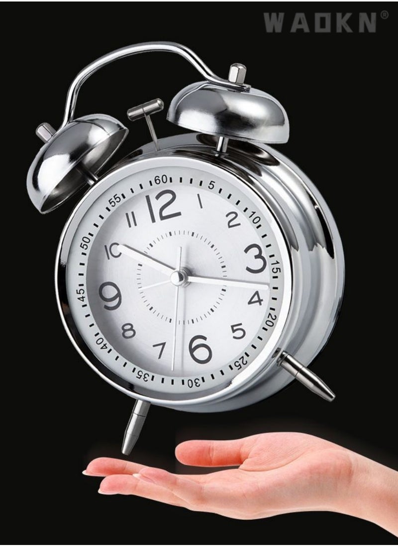 WAOKN Loud Alarm Clock for Heavy Sleepers Adults,Retro 4 Inch Silent Non-Ticking Quartz with Backlight,Twin Bell Analog Kids Alarm Clocks for Bedrooms Bedsidet,Loud Alarm Clock for Heavy Sleepers (silver)  - Image 3