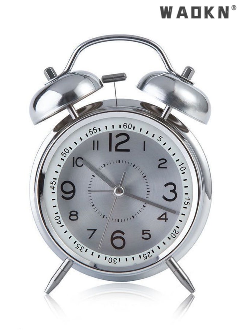 WAOKN Loud Alarm Clock for Heavy Sleepers Adults,Retro 4 Inch Silent Non-Ticking Quartz with Backlight,Twin Bell Analog Kids Alarm Clocks for Bedrooms Bedsidet,Loud Alarm Clock for Heavy Sleepers (silver)  - Image 2