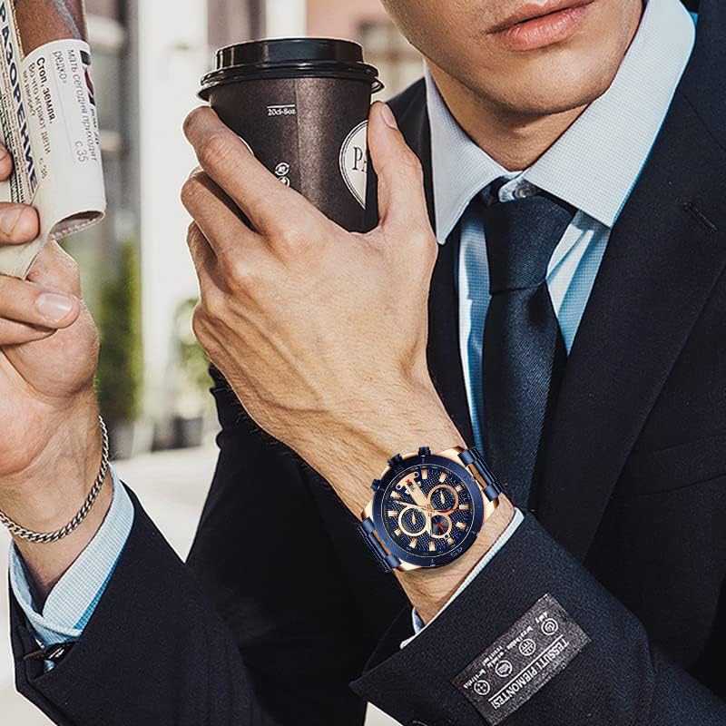 FANMIS Mens Luxury Watches Business Chronograph Dress Waterproof Stainless Steel Analog Quartz Wrist Watch (Blue) - Image 5