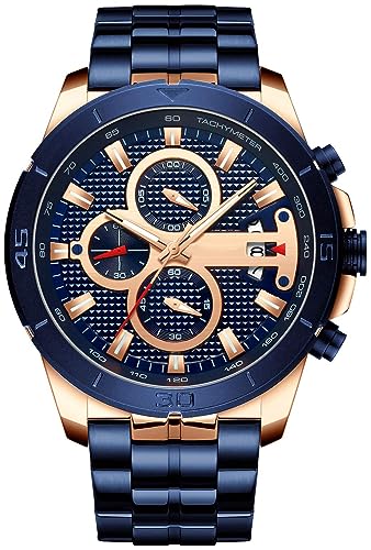 FANMIS Mens Luxury Watches Business Chronograph Dress Waterproof Stainless Steel Analog Quartz Wrist Watch (Blue) - Image 1