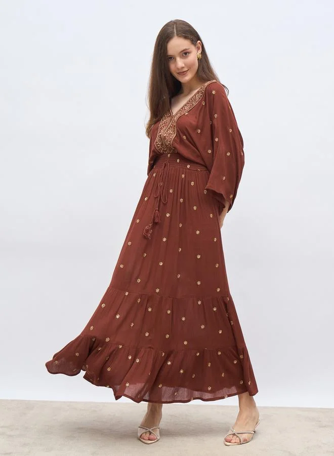 ستايلي Styli Embroidered Ruffled Hem Smocked Detail A-Line Maxi Dress