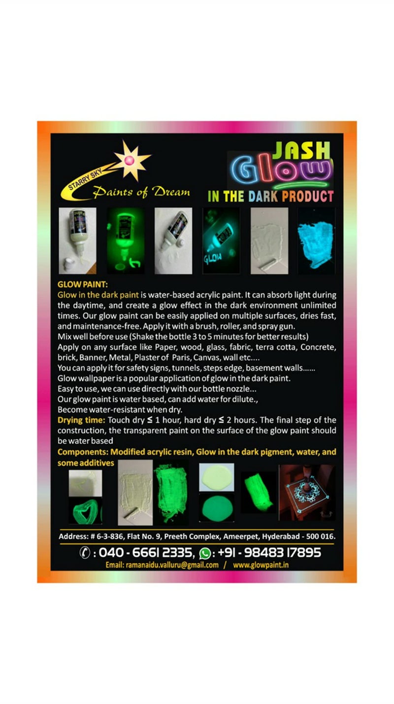 JASH Glow Paint 50gm(80ml) Blue Green. Our Water Base Acrylic Glow Paint can be Easily Applied on Multiple Surfaces, Dries Fast, Glow time: 8-12hours. - Image 3